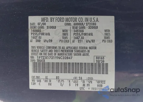 2000 Ford F-150 Work Series/Xl/Xlt from USA, damaged, VIN 1FTZX1721YNC32847